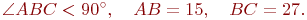 \angle ABC < 90^\circ, \quad AB = 15, \quad BC = 27.